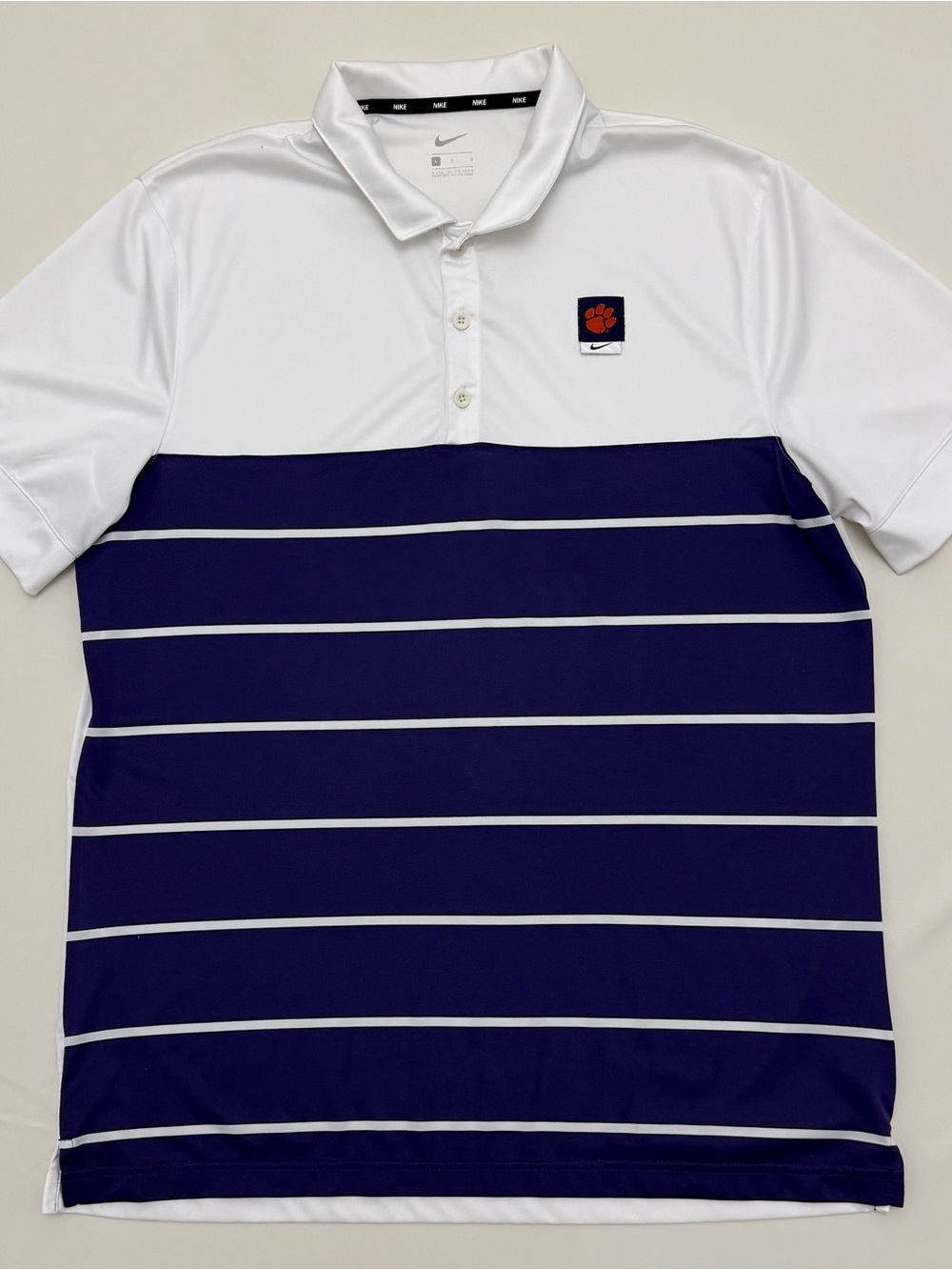 Nike Clemson Tigers Men's Polo Shirt White Purple Striped Golf Casual Size Large